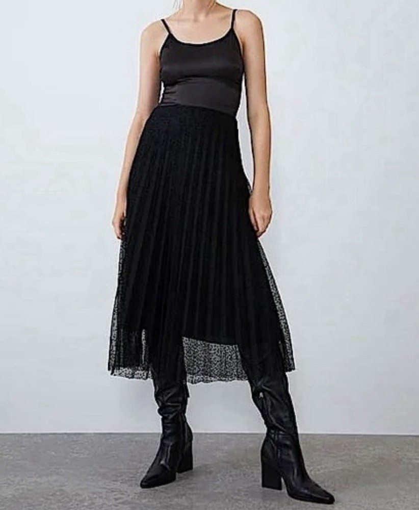 Zara Womens Black Pleated Tulle Midi Skirt Size Small Fairy Grunge Whimsigoth