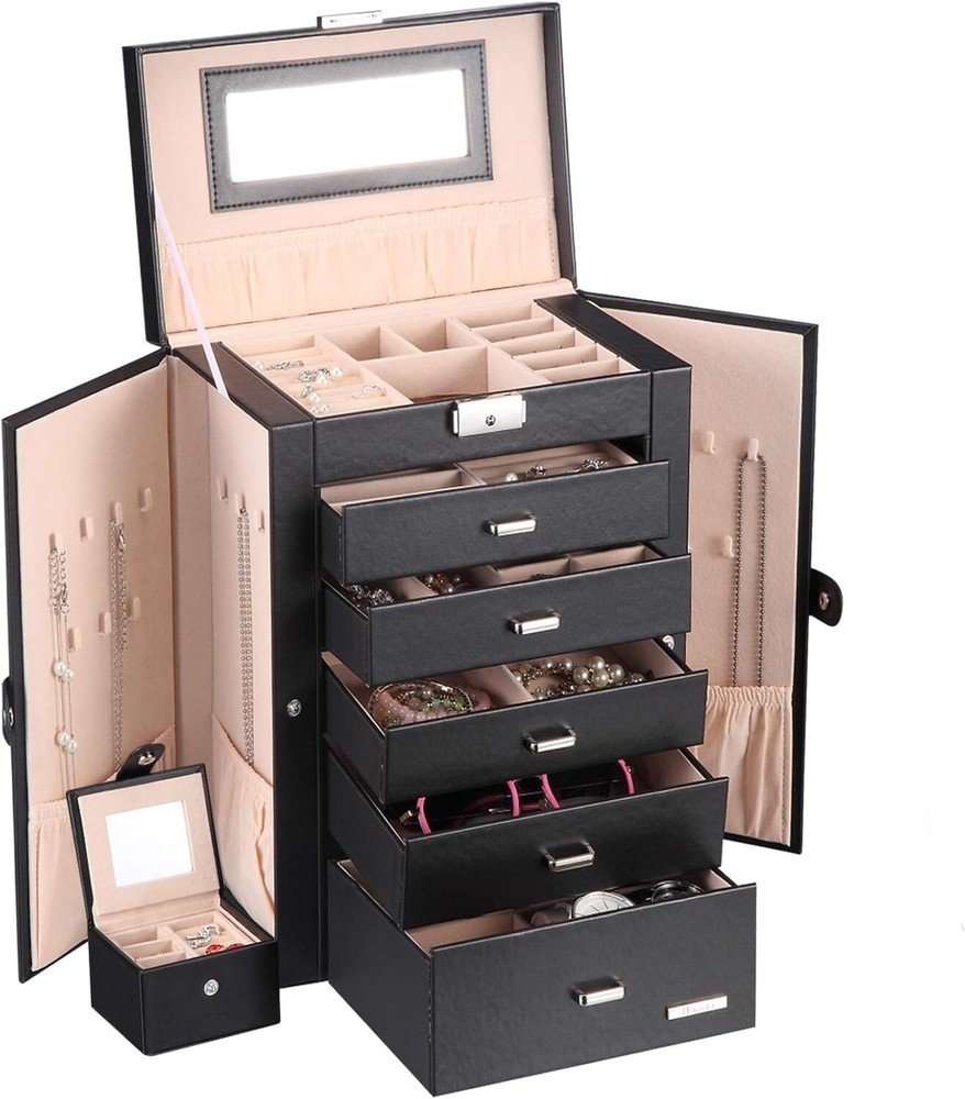 Elegant 2-in-1 Large Jewelry Organizer with Travel Case - Black Faux Leather