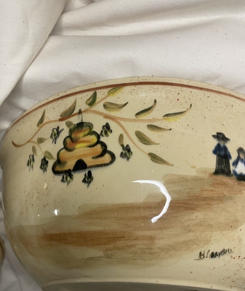 Pennsbury pottery Folk art stoneware signed bowl honey design Amish Handmade