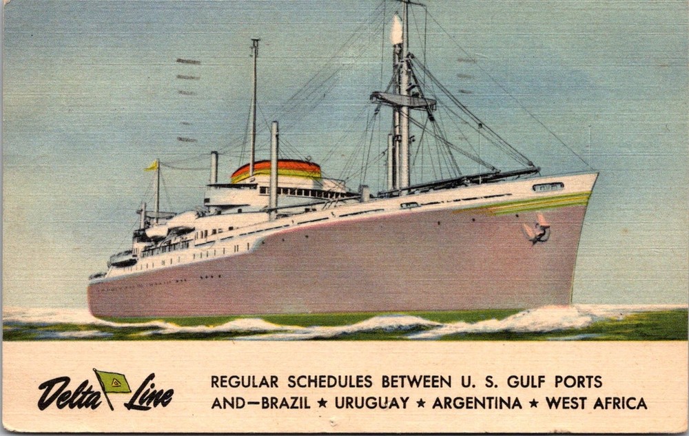 Dr Jim Stamps Delta Line Ship Postcard Reg Schedules Gulf Ports Brazil Uruguay