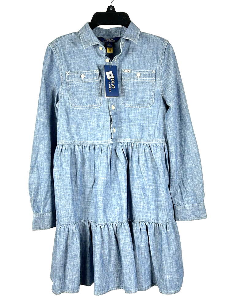 Polo Ralph Lauren Girls 12 Dress Blue Indigo Ruffle Chambray Long Sleeve Shirt