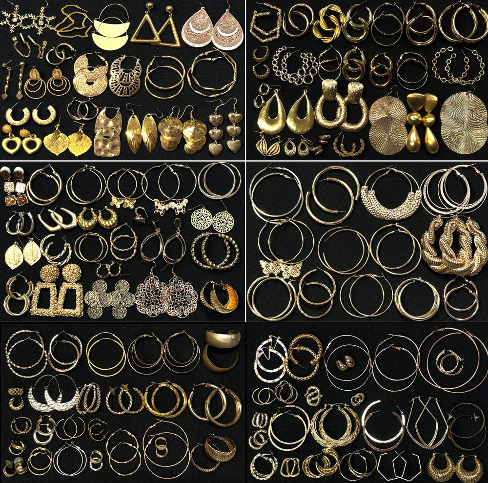 129 Pairs Vintage Mod Gold Tone Pierced Earrings Lot Bulk Jewelry #70