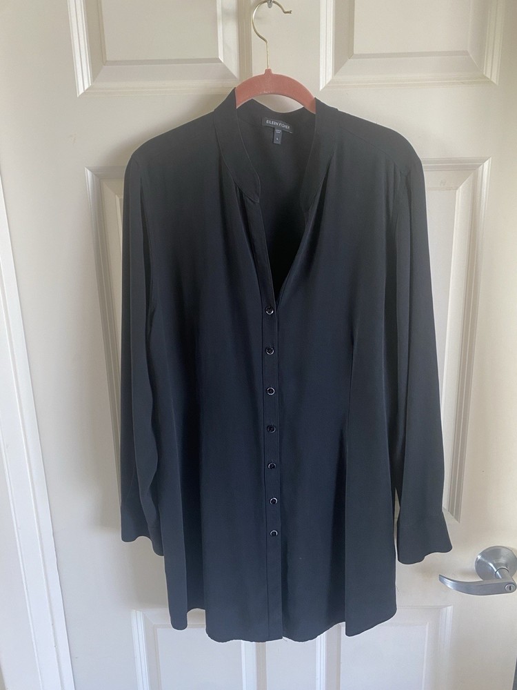 Eileen Fisher Black Label Silk Button Front Tunic Top Large