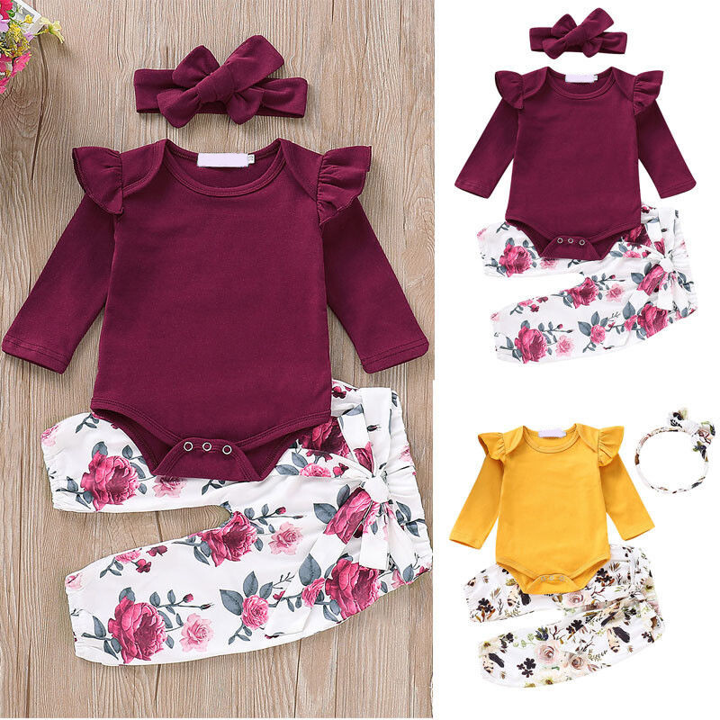 Newborn Baby Girls Long Sleeve Outfits Romper Jumpsuit Pants Party Clothes Set
