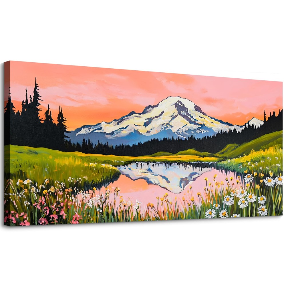 Large Snow Mountain Canvas Wall Art Prints, Pink Sunset Abstract Boho Wall De...