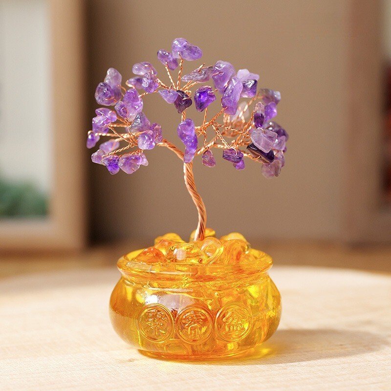 Natural Crystal Money Tree Bonsai Healing Chip Stone Figurine for Wealth Luck