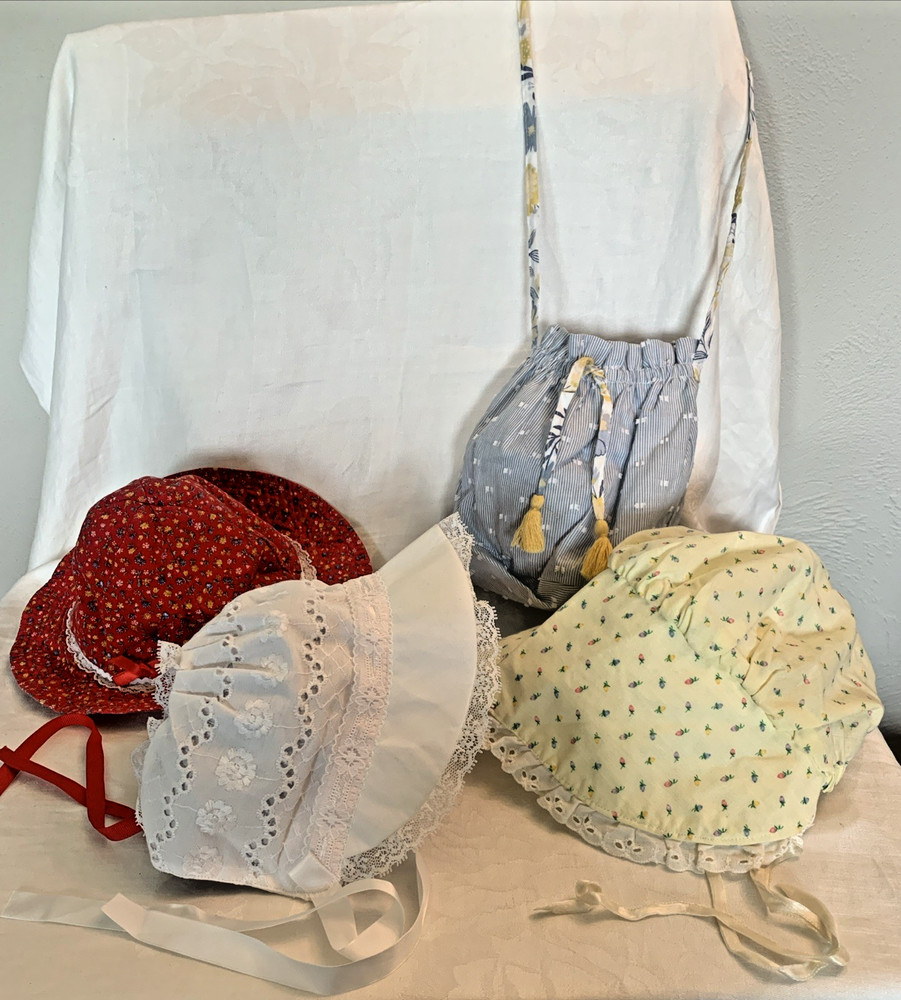 Sunbonnets Bonnets Hats Lot of 3 Girls Calico Eyelet lace Red White Yellow + bag