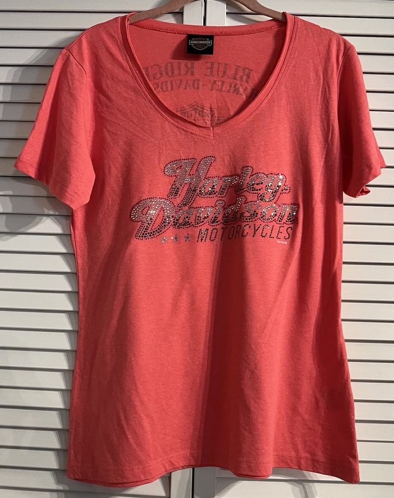 Harley Davidson Motorcycles Women's Orange T-Shirt Hickory NC Large Bedazzled