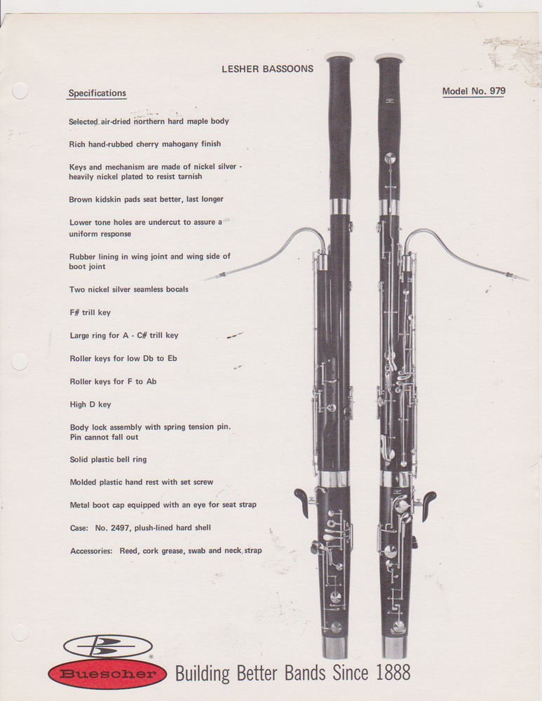 VINTAGE AD SHEET #2535 - 1970s BUESCHER MUSICAL INSTRUMENT - LESHER BASSOONS 979