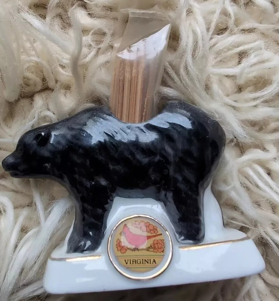 Vintage Virginia Souvenir  Small Black Bear W/Cardinal Toothpick Holder State