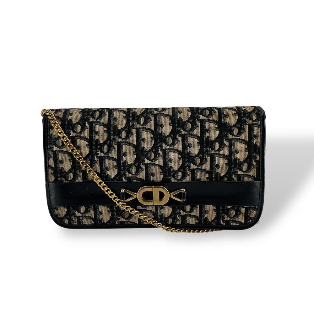 Dior Vintage Navy Trotter Canvas One Shoulder Bag with Gold Chain Strap