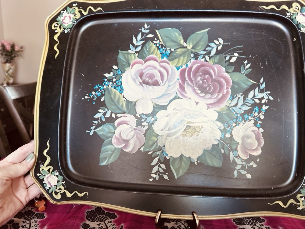 Vintage Black Floral Painted Metal Tray - Grandmillenial Cottagecore Decor