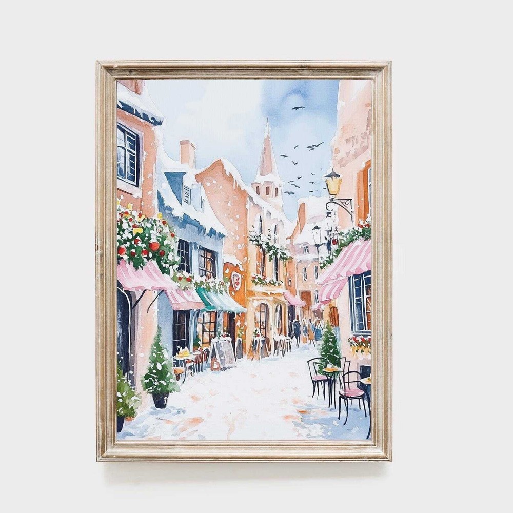 Winter European Street Print Snowy Town Watercolor Cozy Cafe Scene Christmas
