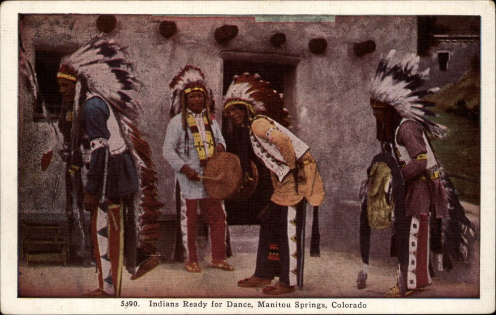 Taos New Mexico Native Pueblo Dancers full regalia 1930s unused linen postcard