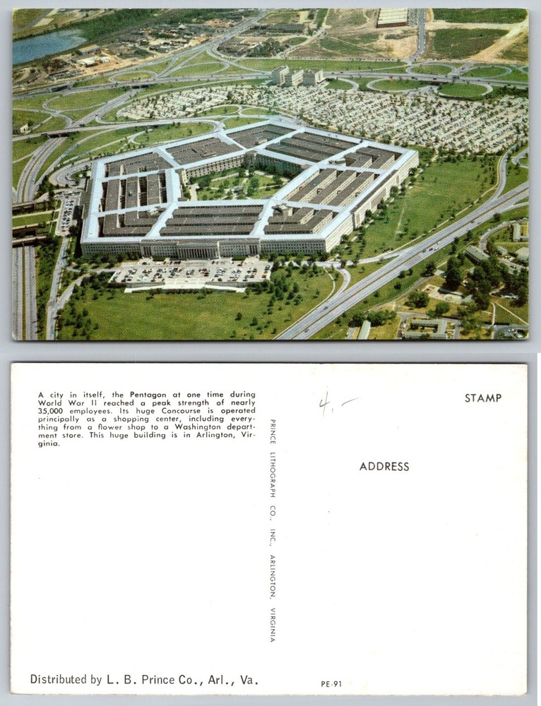 Vintage The Pentagon Aerial View Postcard Arlington Virginia L. B. Prince