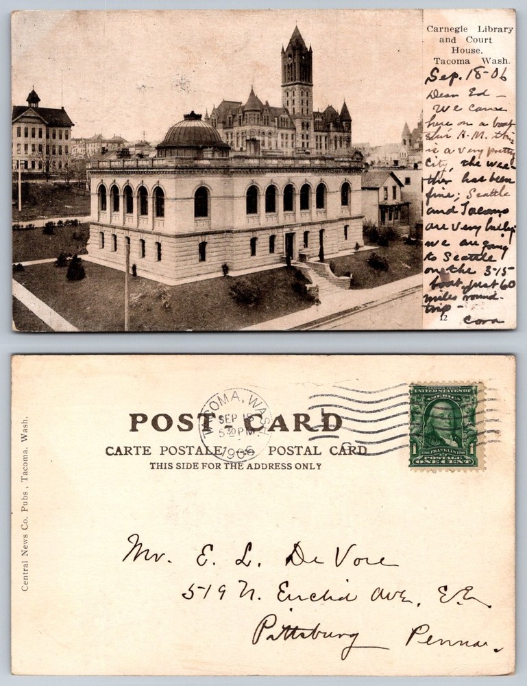 1906 Tacoma WA Carnegie Library & Court House Postcard, Central News Co.