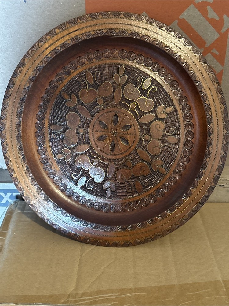 Vintage Hand Carved Wooden Charger Plate Folk Art Boho Rustic Wall Decor