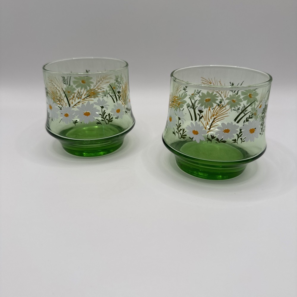 Vintage Libbey Daisy Floral Green Glasses Set of 2