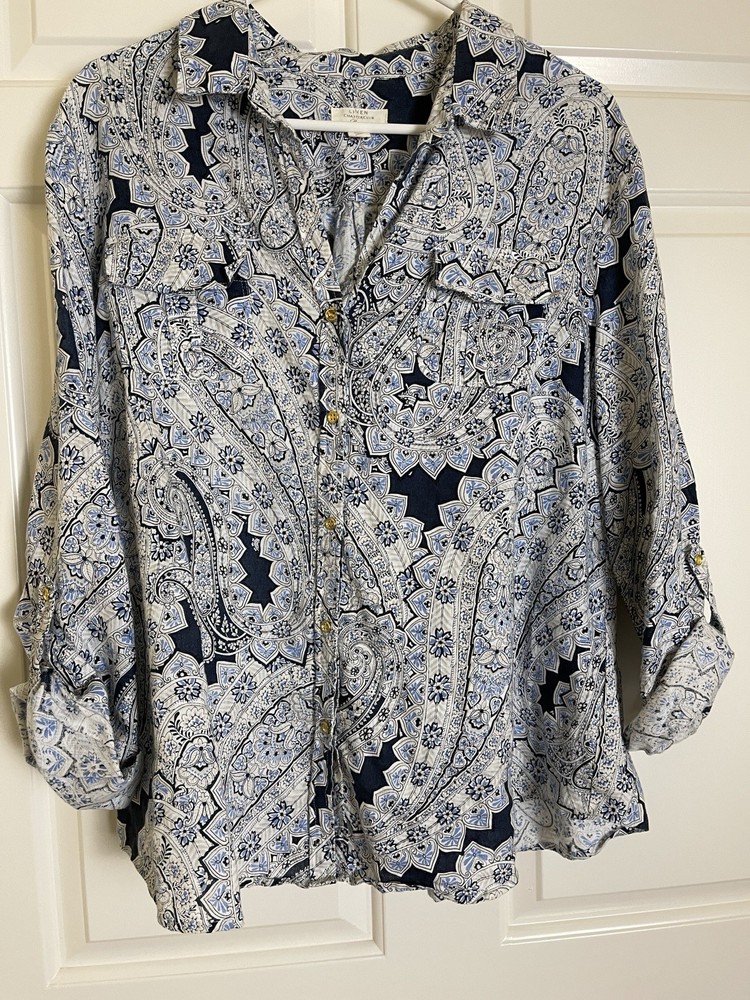 Charter Club Linen Paisley Blouse Collared Button Long Sleeve Blue XL
