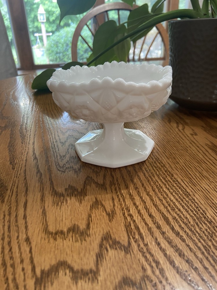 Vintage Kemple White Milk Glass Pedestal Hobstar Pattern Footed Square Bowl