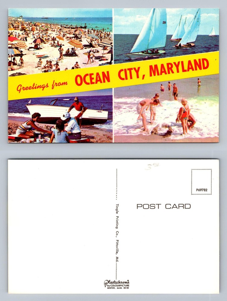 Ocean City, MD-Maryland, Beach Scenes Umbrellas Surf Card Vintage Postcard