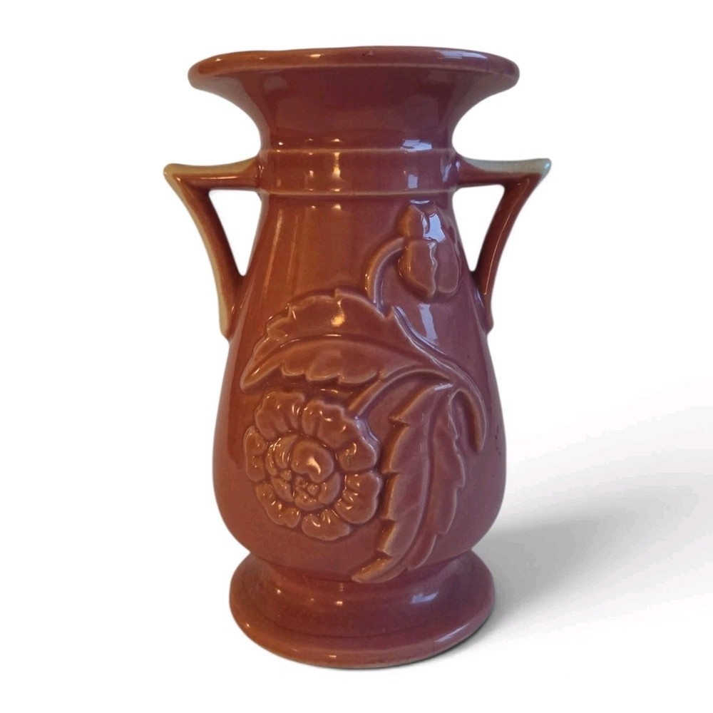 Vintage Made In Japan Art Pottery Vase Brown Floral Relief Double Handle 6