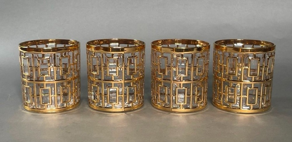 4 MCM Imperial Glass Shoji Trellis 22K Gold Lowball Whiskey Rocks Bar Glasses