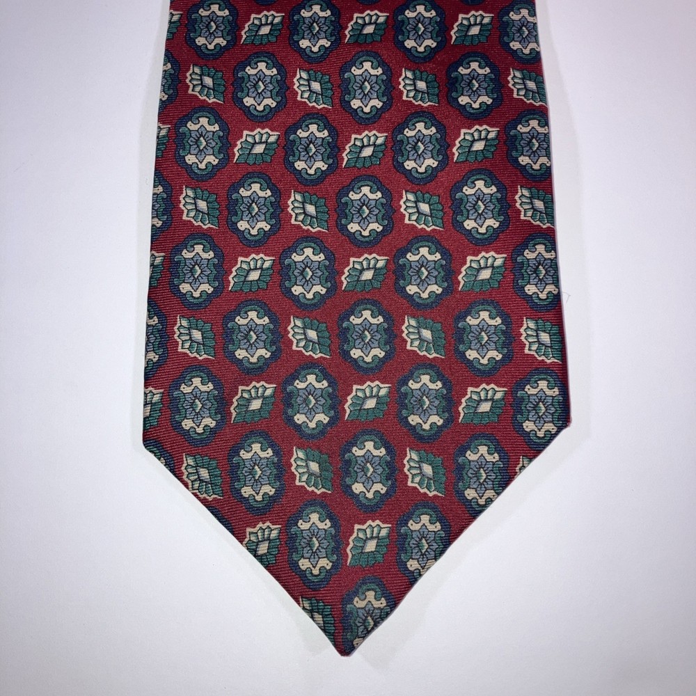 Vintage Stafford Red Blue Foulard Geometric Gems Silk Necktie USA Made