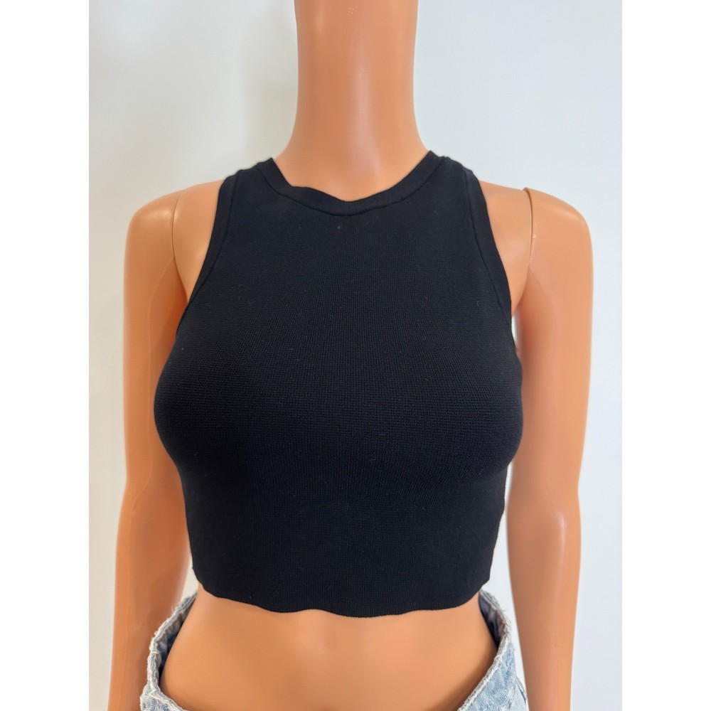 Zara Womens Ribbed Knit Crop Top Sleeveless Tank High Neck Black Small