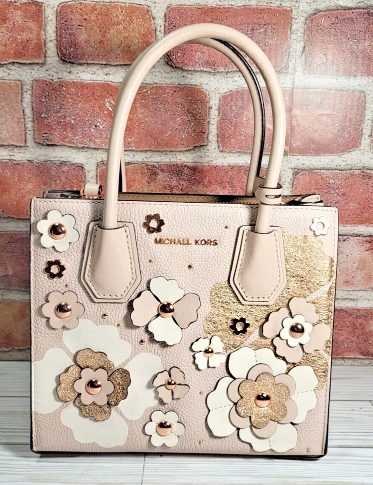 Michael Kors Mercer Floral Embellished Leather Crossbody Bag in Soft Pink with Gold Accents