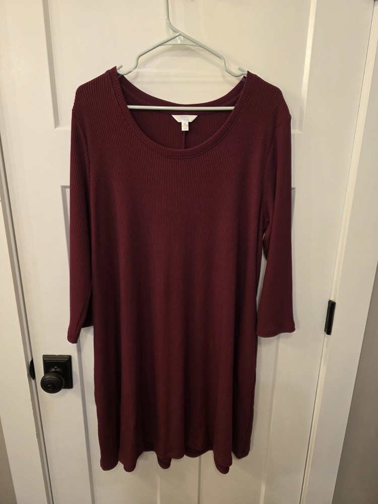 Time & Tru Maroon Women's Size Xl Dress 3/4 Sleeve Knee Length