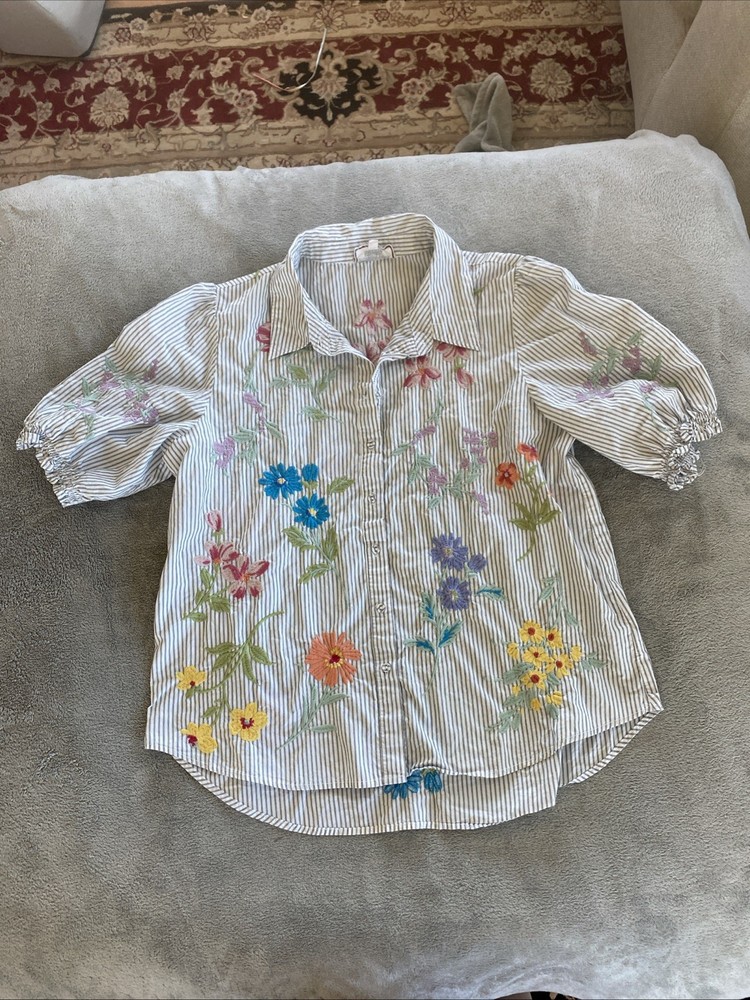 JOHNNY WAS Evangeline Smocked Lisbon Button Down Striped Shirt Size Large