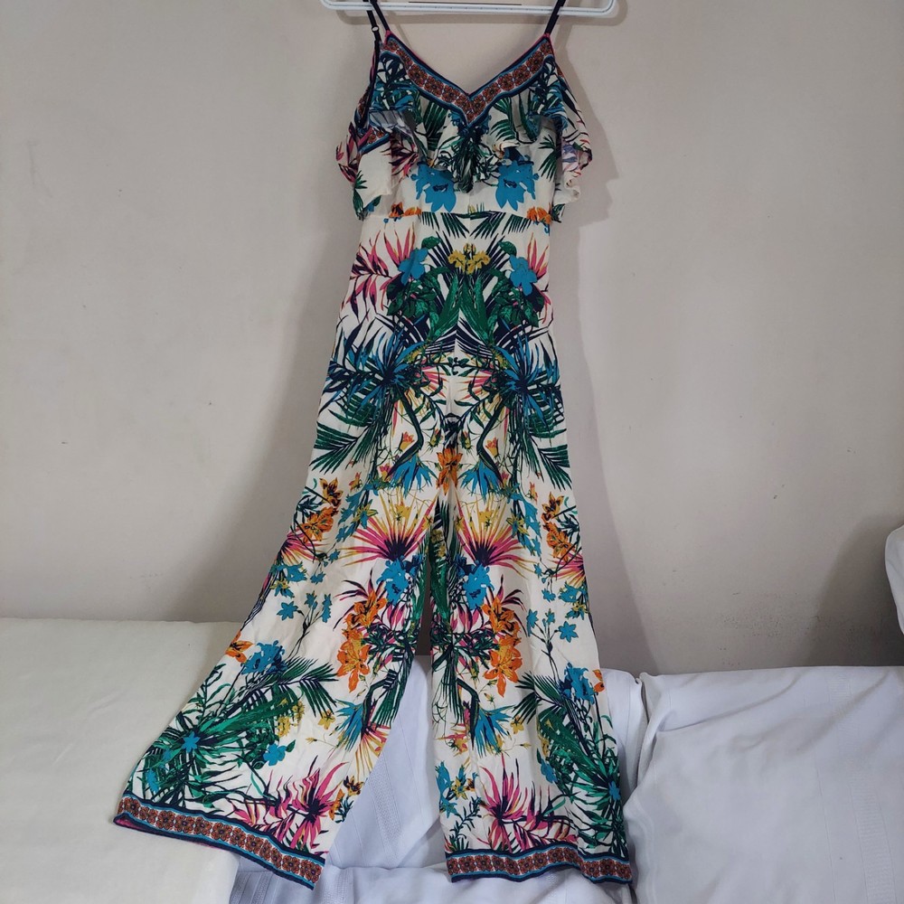 Flying Tomato Women's Small Tropical Print Jumpsuit Cold Shoulder  Wide Leg