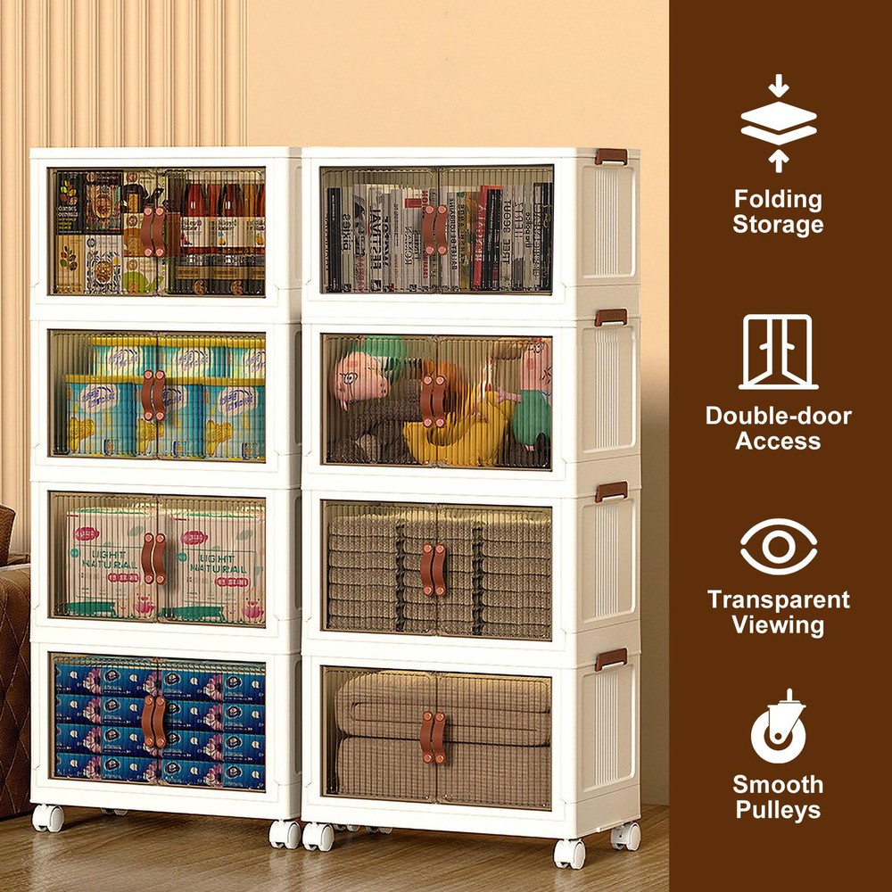 4 Tier Large Capacity Foldable Storage Bins with Wheels, Organizer Box Cabinet