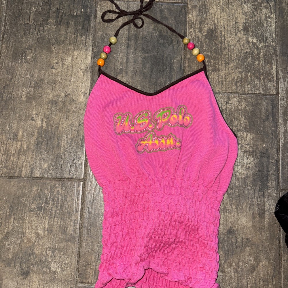 Y2K U.S. Polo Assn Halter Top Pink Smocked Beaded Neck Tie NEW With Tags