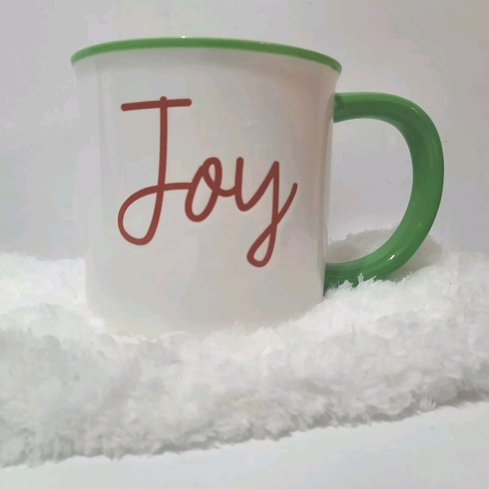 JOY Sleigh Bell Bistro Coffee/Tea Mug White with Red Letters, Green Rim Handle
