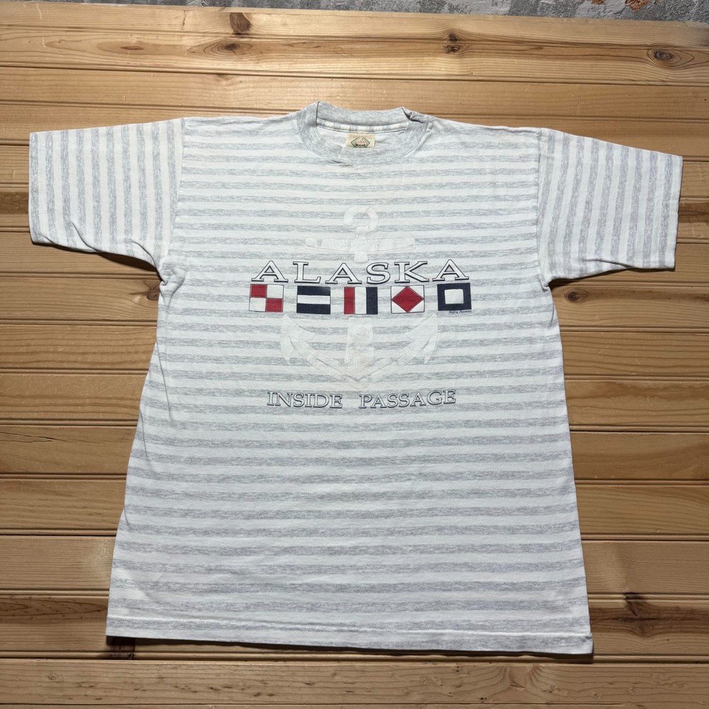 Vintage 90s Alaska Inside Passage Nautical Flags Anchor Striped T-Shirt - Large