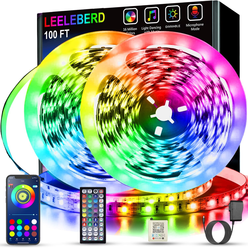 100Ft RGB LED Strip Lights with Remote & App, Music Sync Color Changing Lights