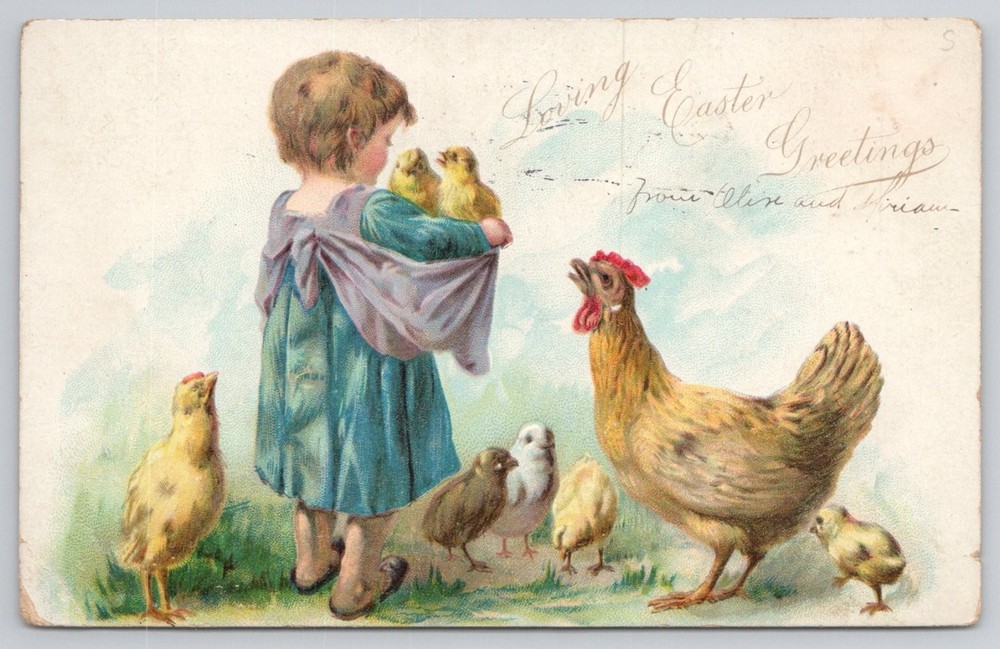 1907 Raphael Tuck Easter Postcard Child Chicks Hen Syracuse NY Postmark