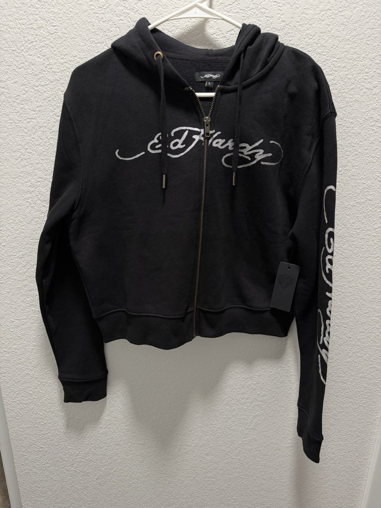 Ed Hardy Cropped Black Hoody With Graphic Eagle Logo Women’s Large Full Zip