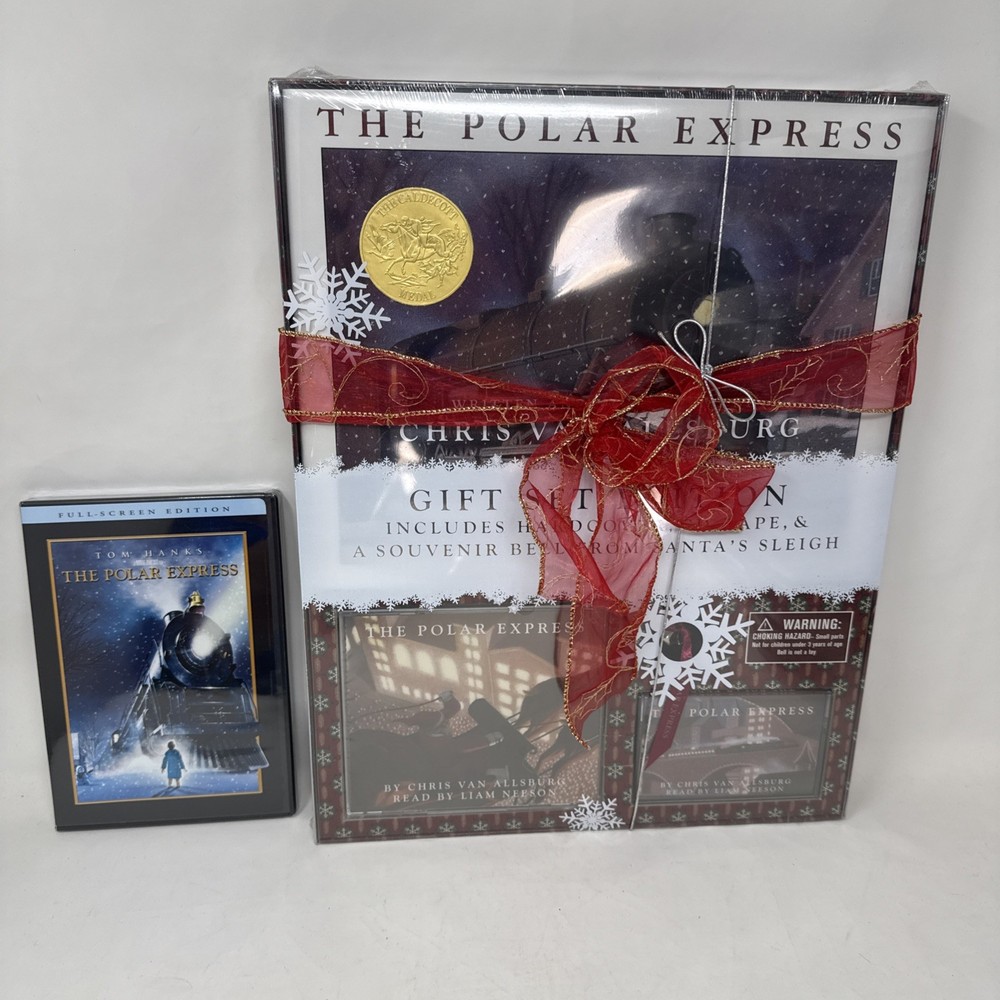 The Polar Express Gift Set Hardcover Book Audiobook CD Cassette Tape Bell + DVD