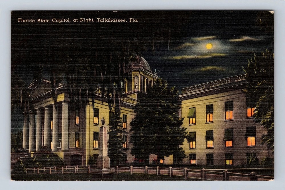 Tallahassee FL-Florida State Capitol At Night Vintage Postcard