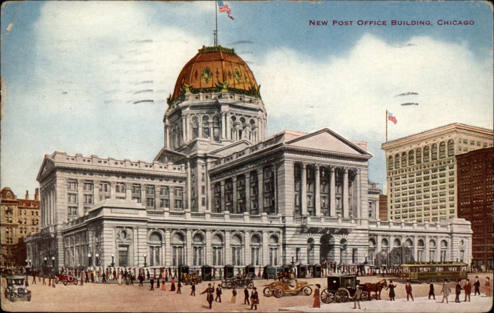 Chicago Illinois Post Office building flag horses buggies 1914 vintage postcard