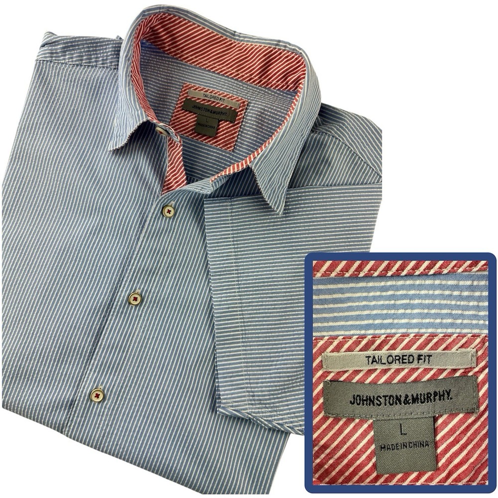 Johnston &Murphy Men L Tailored Fit Seersucker Shirt Blue/White Stripe Patriotic