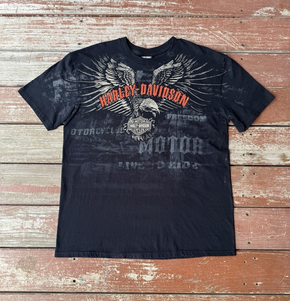 Y2K Harley Davidson T-Shirt Mens XL Black Affliction Style Eagle AOP 2008