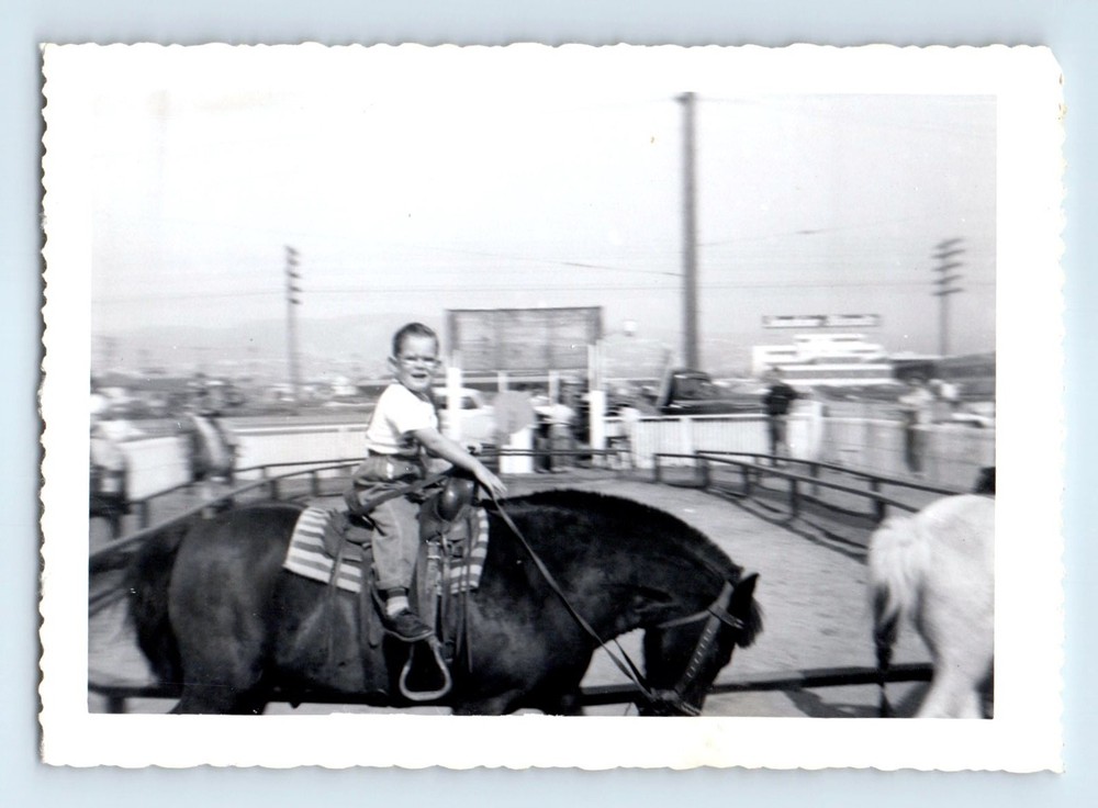 Old Vintage Photo BOY RIDING HORSE AT PETTING ZOO FOUND PHOTOGRAPH SNAPSHOT