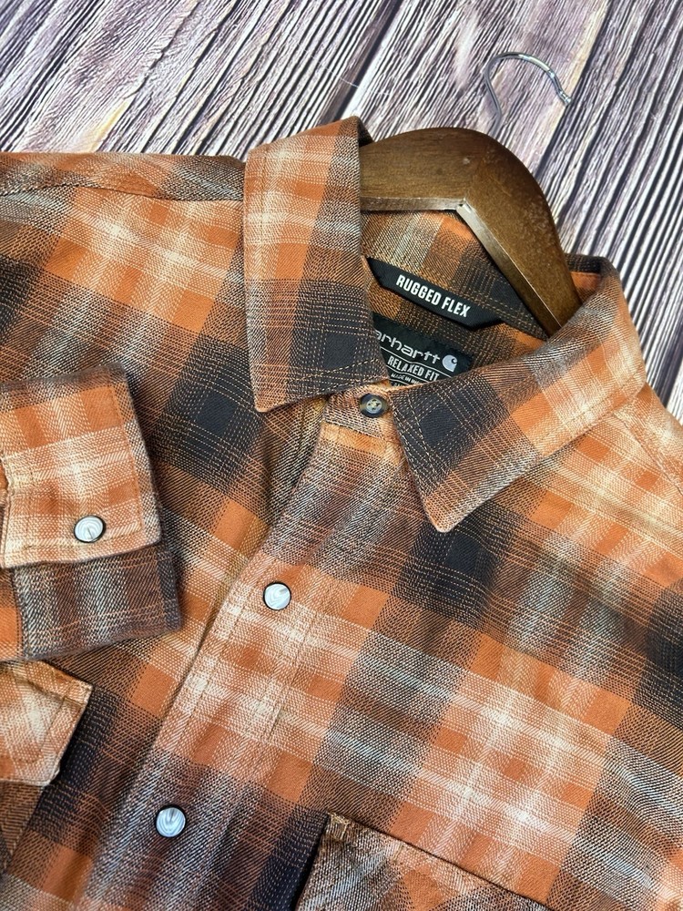 Carhartt Rugged Flex Relaxed Fit Long Sleeve Button Up Pearl Snap Mens L Orange