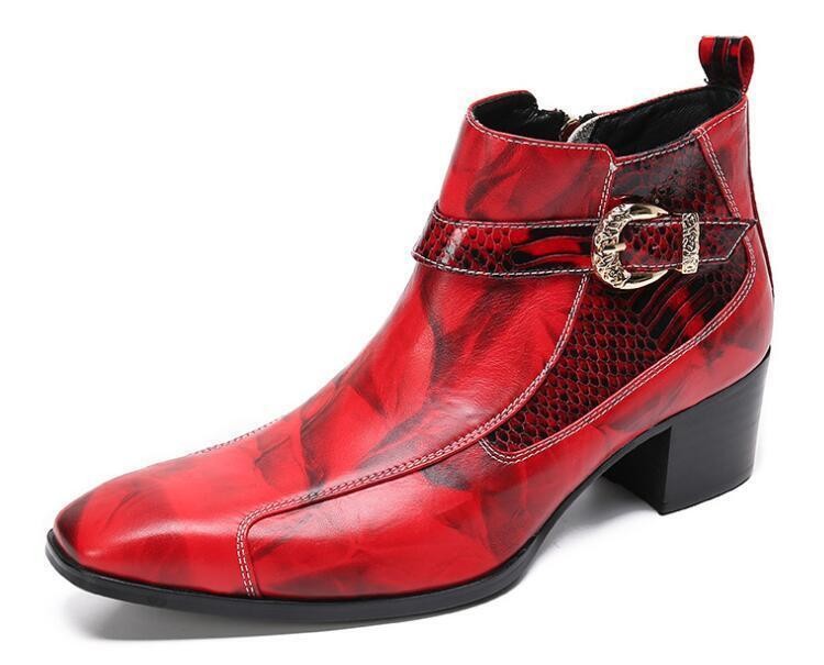 Men's Red Leather Pointy Toe Buckle Strap Ankle Boots
