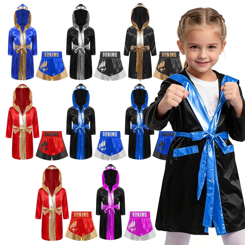 US Kids Boys Boxing Costume 2Pcs Satin Hooded Boxing Robe and Kickboxing Shorts