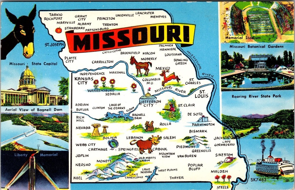 MO-Missouri, Scenic Landmarks, Map Greetings, Vintage Postcard